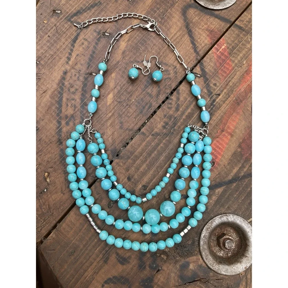 Turquoise Beaded Multi Strand Necklace & Earrings Set Southwestern Boho Jewelry